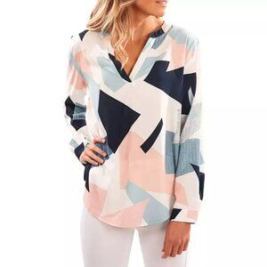 Women's Pastel Geometric V Neck Blouse | Long Sleeve Casual Work Top XL
